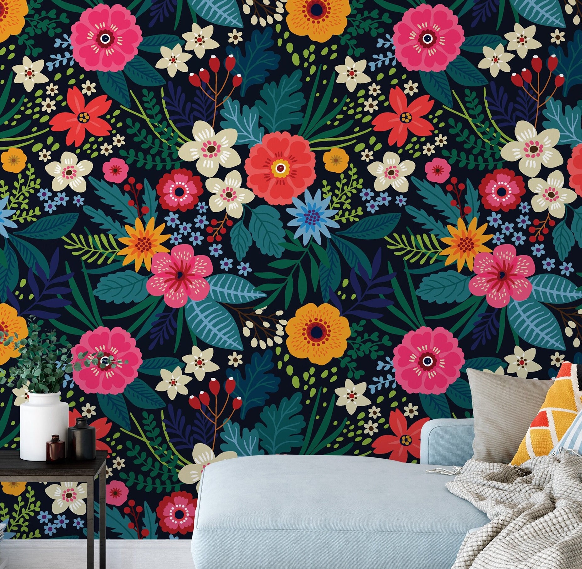 Colorful Flowers Peel and Stick Wallpaper | Floral Wallpaper | Colorful Wallpaper | Bright | Self-Adhesive Wallpaper
