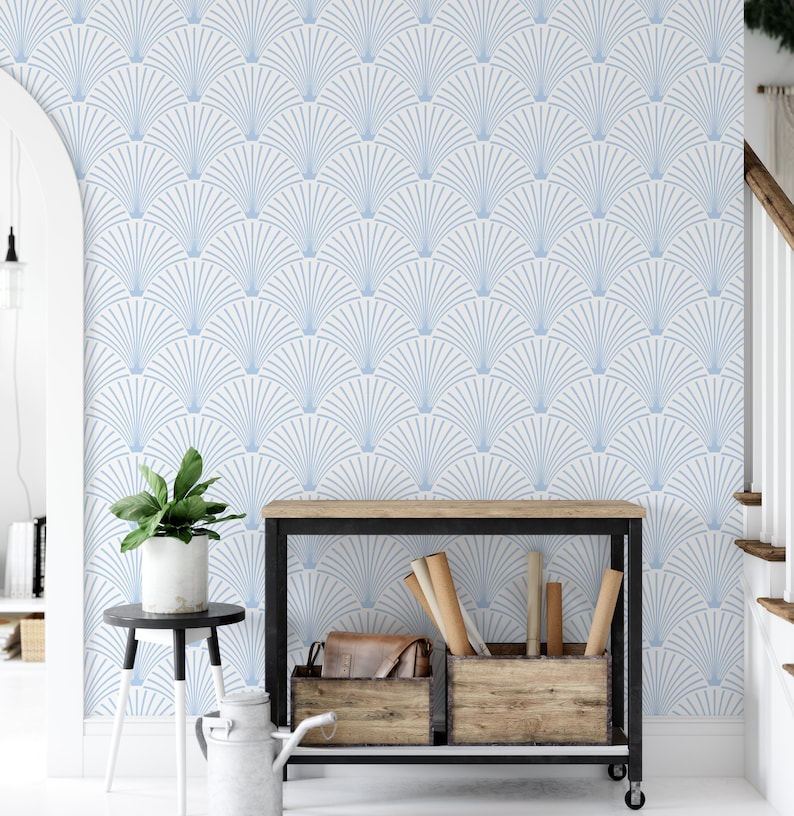 Blue art deco wallpaper in an entryway