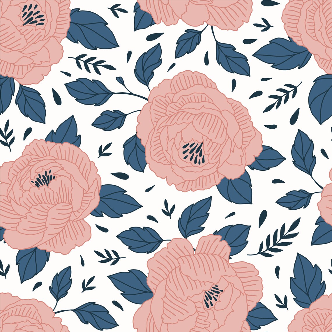 Navy and Pink Flowers / Floral Peel and Stick Wallpaper / Etsy