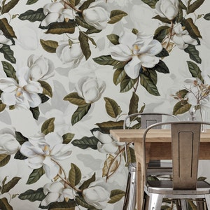 close up of kitchen table and chairs with bathroom with a bathtub and Southern Magnolia Flower, Floral Wall Peel and Stick Wallpaper