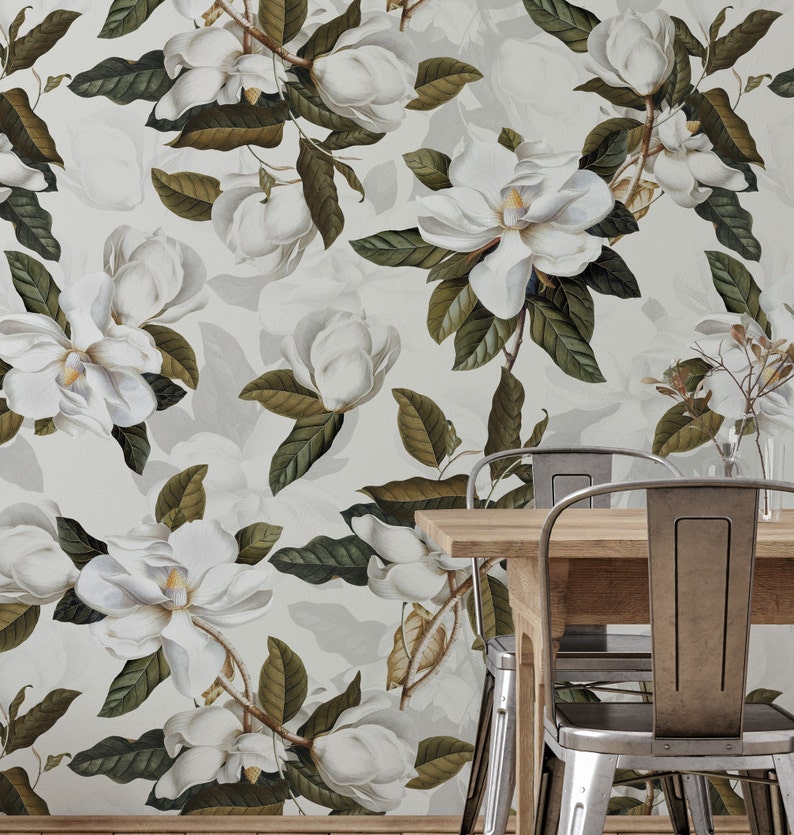 close up of kitchen table and chairs with bathroom with a bathtub and Southern Magnolia Flower, Floral Wall Peel and Stick Wallpaper
