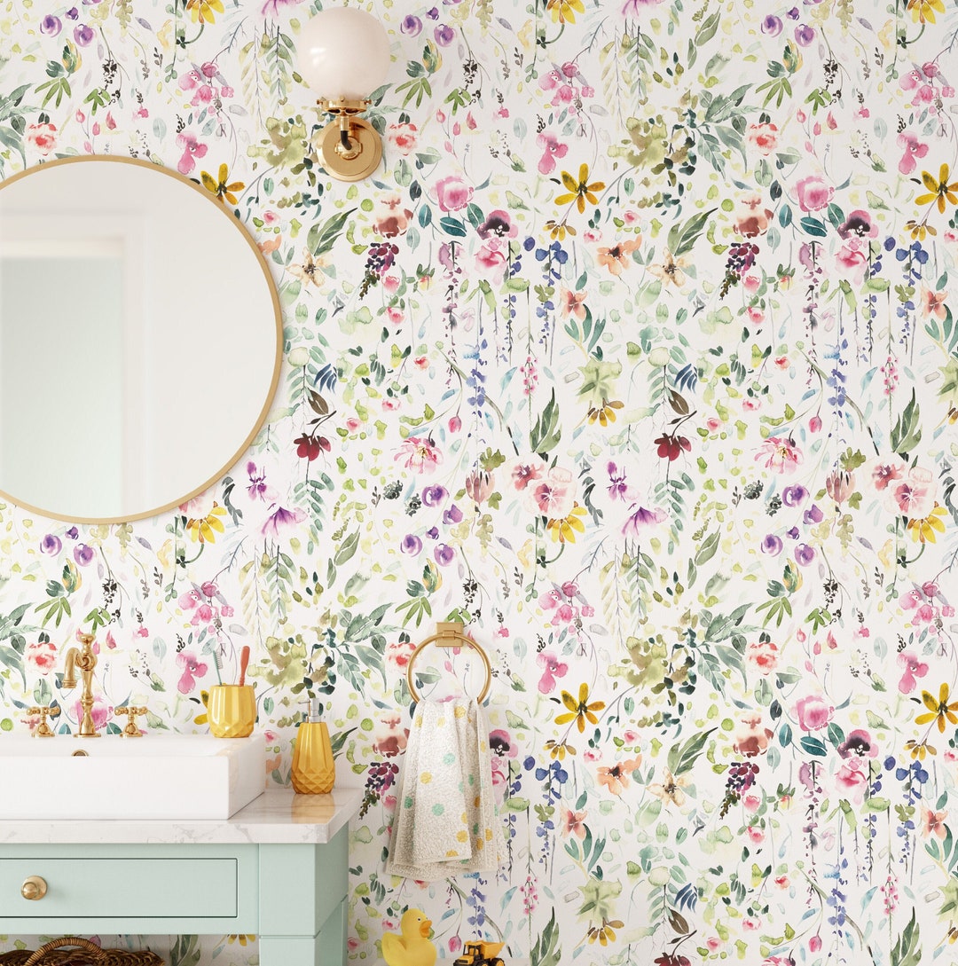 Watercolor Wildflowers Peel and Stick Wallpaper / Removable Wallpaper