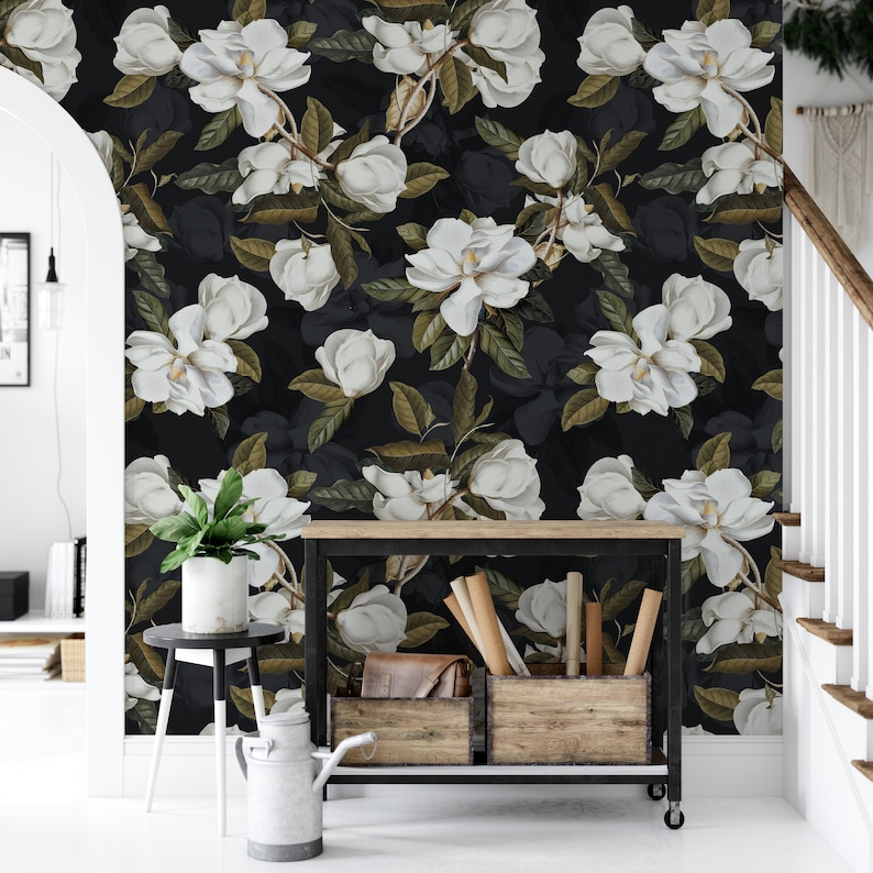entry way with white magnolia flowers on a black background wall covering