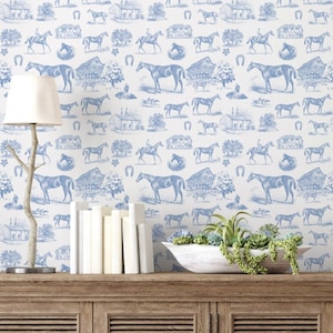Horse Toile Peel and Stick Wallpaper /Derby Toile Wallpaper / Removable Wallpaper