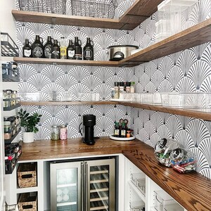 Pantry with shelves, a minifridge, spice rack, and art deco wallpaper