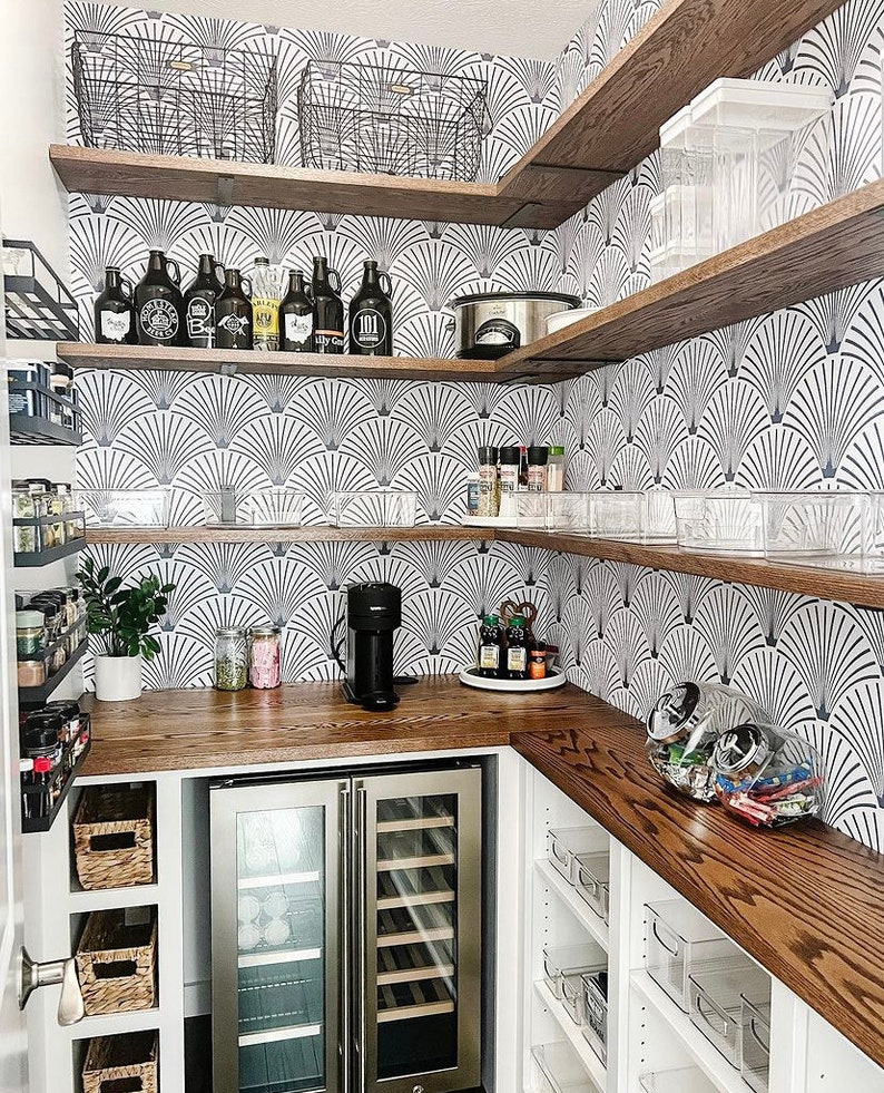 Pantry with shelves, a minifridge, spice rack, and art deco wallpaper