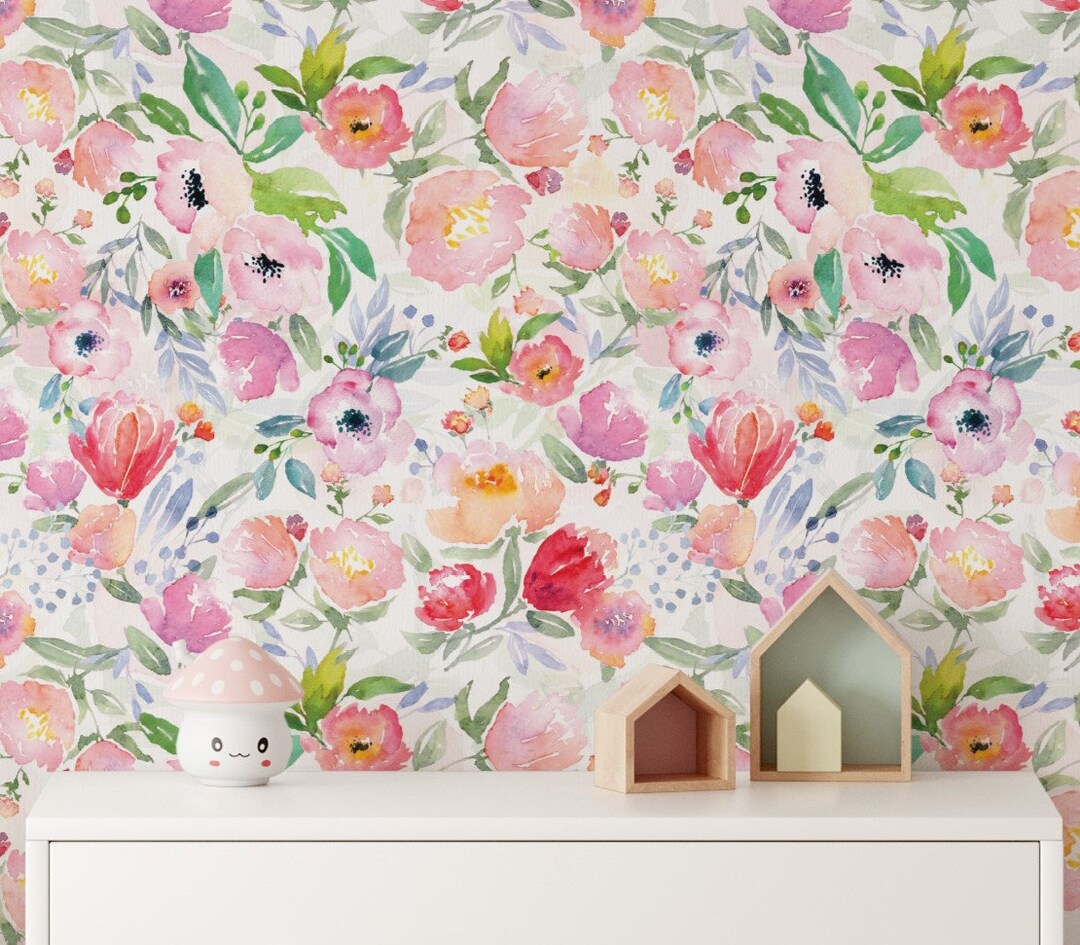 Pink Peach Floral Watercolor Peel and Stick Wallpaper - Etsy