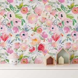 Pink Peach Floral Watercolor Peel and Stick Wallpaper
