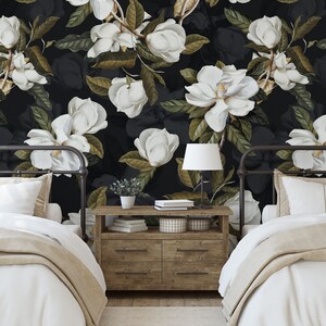 bedroom with twin beds and bathroom with a bathtub and Southern Magnolia Flower, Floral Wall Peel and Stick Wallpaper on the walls