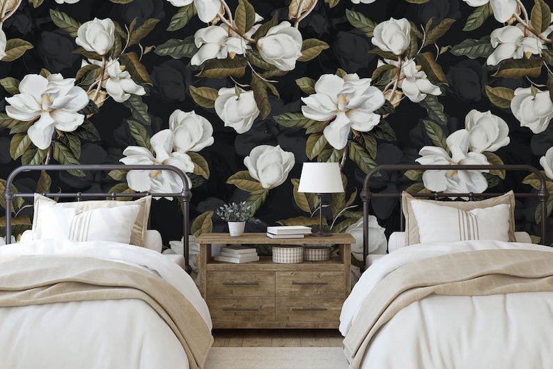bedroom with twin beds and bathroom with a bathtub and Southern Magnolia Flower, Floral Wall Peel and Stick Wallpaper on the walls