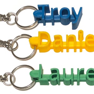 Può includere: Tre portachiavi personalizzati con i nomi "Troy", "Danielle" e "Lauren" stampati in plastica blu, gialla e verde. Ogni portachiavi ha un anello di metallo argentato e una chiusura di metallo argentato.