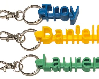 May include: Three personalized keychains with the names "Troy", "Danielle", and "Lauren" printed in blue, yellow, and green plastic. Each keychain has a silver metal ring and a silver metal clasp.