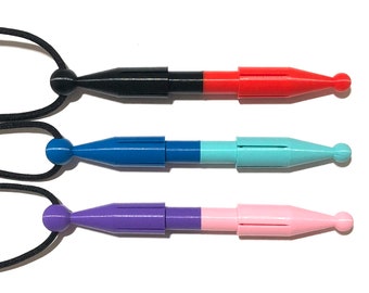 May include: Three colorful, retractable, pointed tools with black cords attached. The tools are black and red, blue and turquoise, and purple and pink.