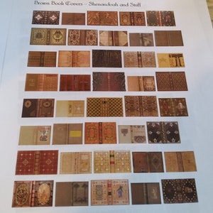 Peut inclure: Une feuille de papier avec 42 images de couvertures de livres marrons avec différents motifs. Le titre "Brown Book Covers - Shenandoah and Stuff" est en haut de la page.