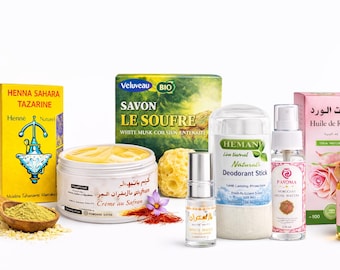 Pack of 7 Natural Moroccan Skincare Products – Rose Oil, Saffron Cream, Henna, Rose Water, Sulfur Soap, White Musk & Deodorant Set