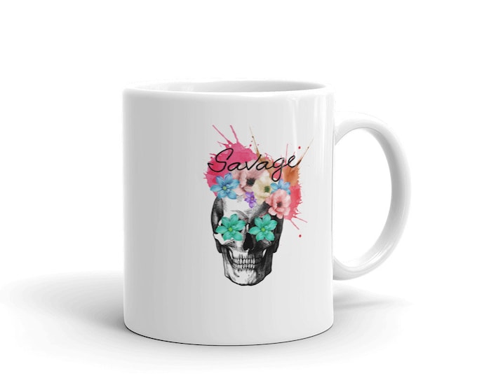 Floral Skull Ceramic Mug, Savage Decor