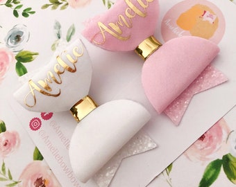 Personalised Pair Of Small Any Name Glitter Hair Bows