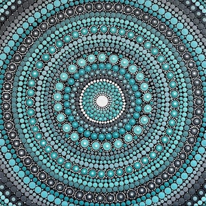 May include: Abstract dot art in a circular pattern. The artwork features concentric circles of varying sizes and colors, including teal, gray, and white dots against a black background. The central circle is white, surrounded by gray and teal rings.