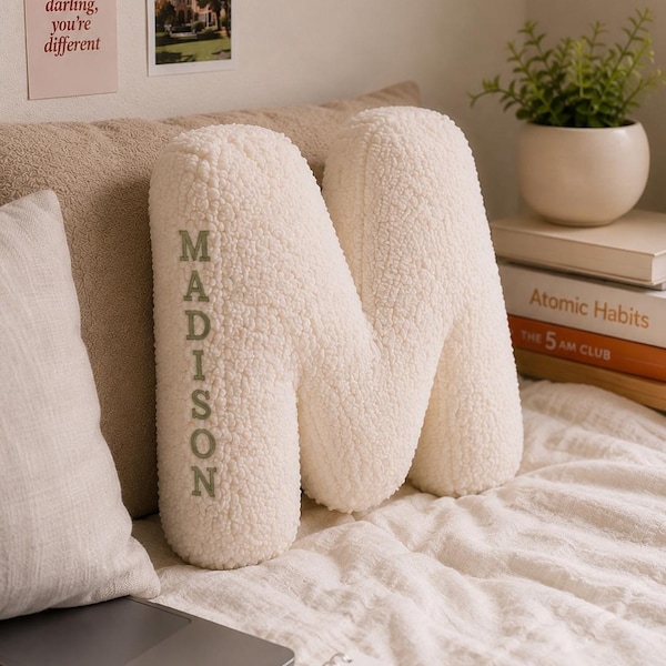 College Dorm Letter Pillow, Personalized Name Cushion, Custom Sherpa Initial Pillow, Student Gift, Graduation Gift