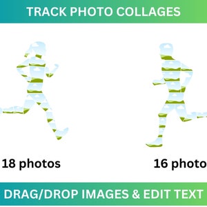 May include: Two silhouette images of runners, one female and one male, made up of 18 and 16 photos, respectively. The photos are of landscapes with blue skies and green fields. The text "DRAG/DROP IMAGES & EDIT TEXT" is below the images.
