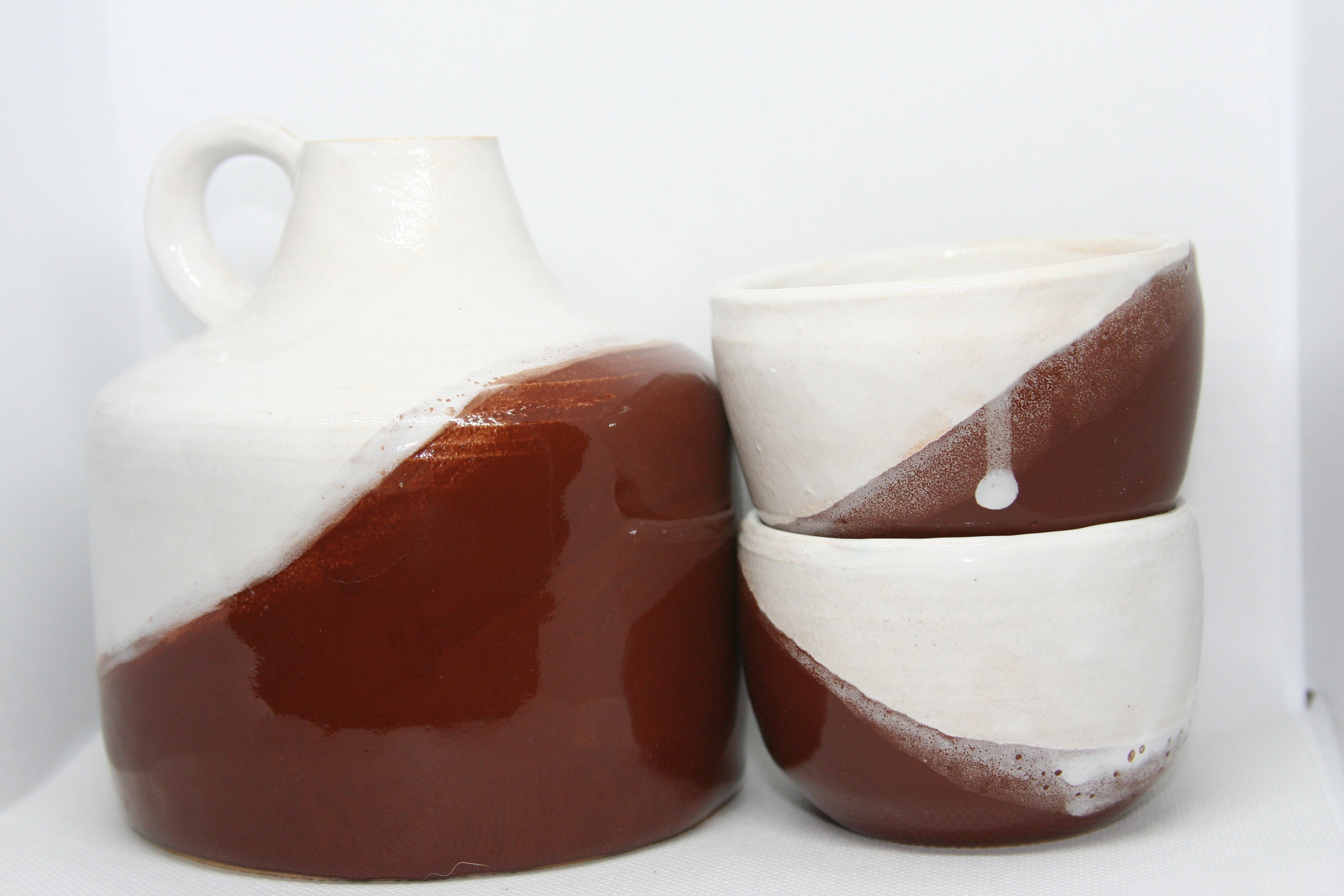 Ceramic glazed whiskey jug decanter 3 piece set brown and Etsy