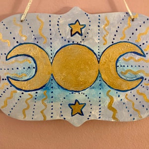 Triple Moon Goddess Hand Painted Decorative Wall Hanging - Moon Décor, Pagan, Wiccan, Wicca, Goddess, Altar