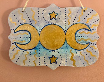 Triple Moon Goddess Hand Painted Decorative Wall Hanging - Moon Décor, Pagan, Wiccan, Wicca, Goddess, Altar