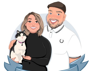 Custom  Couple Portrait | Stylized cartoon commission Download Illustration | Unique personalized gift | Family Portrait with pet