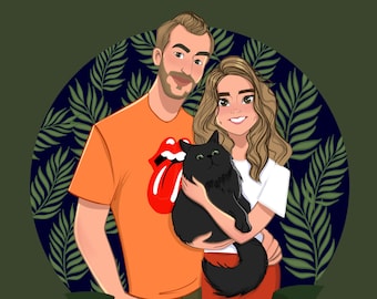 Personalisiertes PaarPortrait | Stilisierte Cartoon-Kommission | Download Illustration | Personalisiertes Geschenk | Familie mit Haustier | Kunstfigur