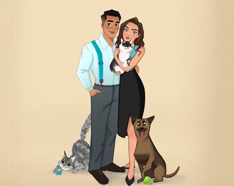 Draw yourself as a prince and princess | custom unique personalized gift | Cartoon Family Portrait with pet  Download |illustration