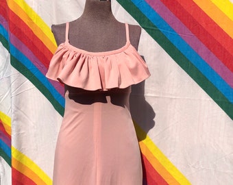 70s Vintage Womens Prom Dress / Zum Zum Ruffle Pink Disco Maxi