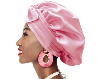 Silky Double Satin Non Slip®Tie Baby Pink Night Sleep Scarf Hair Bonnet Adjust Edge Control Extensions Natural Free Pouch Washable  UK Made