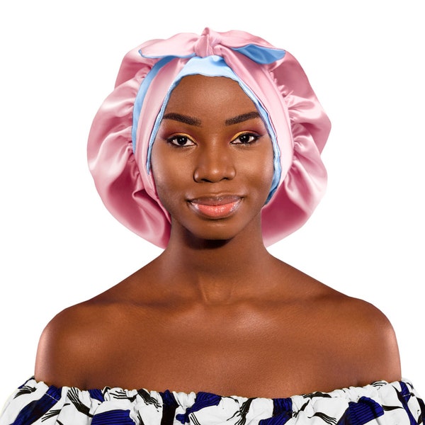Silky Satin Non Slip® Reverse Baby Pink & Sky Bonnet Night Sleep Scarf Adjust Edge Protect Extensions Natural Free Pouch Washable Made in UK