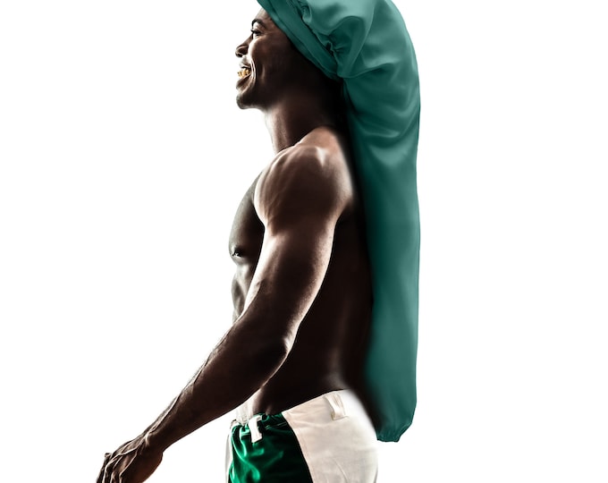 Mens Silky Satin Soft Customised Extra Long Night Sleep Hair Bonnet Adjust Non Slip Tie® Edge Protect Open End Free Pouch Washable UK Made