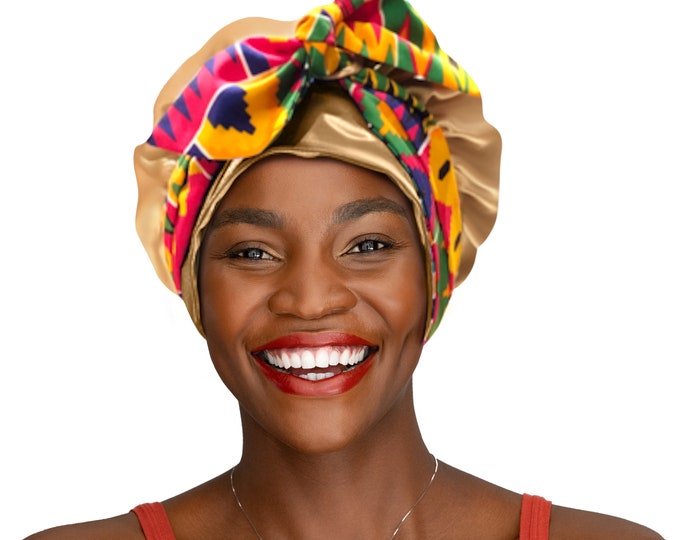Silky Double Satin Kente Ties Non Slip®Tie Night Sleep Scarf Hair Bonnet Adjust Edge Control Extensions Natural Free Pouch Washable