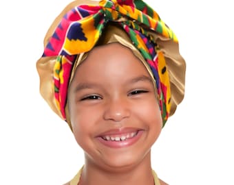 Kids Kente Tie Double Satin Bonnet Non Slip Safety Tie® Sleep Scarf Wrap Adjustable Tie Edge Protector Soft on Ears Free Pouch Machine Wash