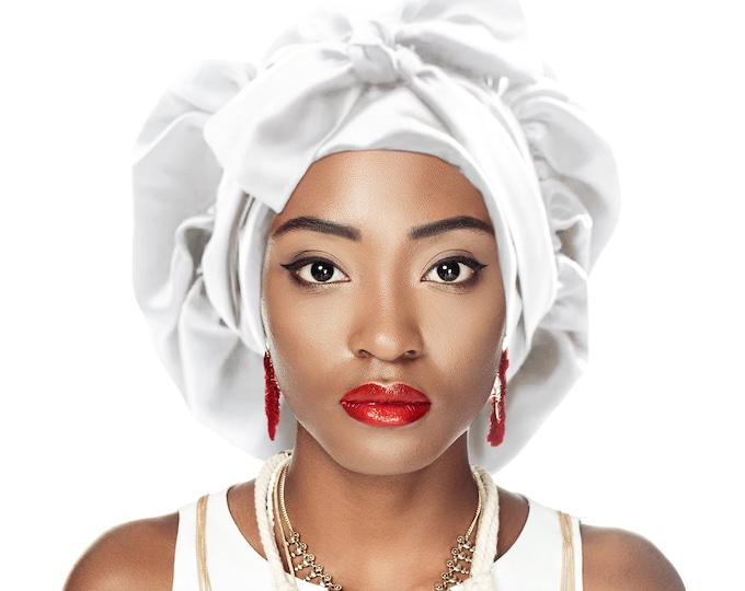 Silky Double Satin Non Slip®Tie Powder White Night Sleep Scarf Hair Bonnet Adjust Edge Control Extension Natural Free Pouch Washable UK Made