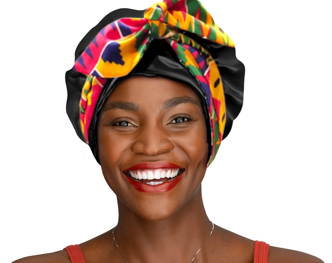 Silky Double Satin Kente Ties Non Slip®Tie Night Sleep Scarf Hair Bonnet Adjust Edge Control Extensions Natural Free Pouch Washable