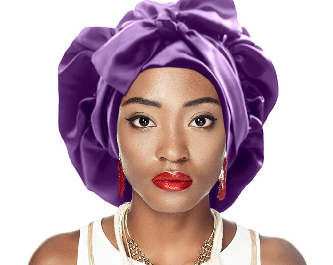 Silky Double Satin Non Slip®Tie Purple Night Sleep Scarf Hair Bonnet Adjust Edge Protect Extension Natural Free Pouch Machine Wash UK Made