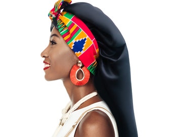 Kente Extra Long Silky Satin Night Sleep Hair Bonnet Adjustable Tie Edge Control Open End Locs Natural Extensions Free Pouch Machine Wash