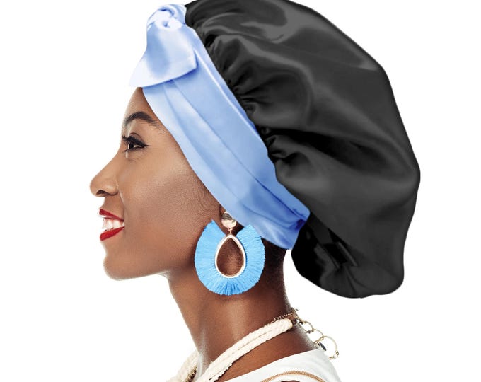 Reversible Satin Sleep Bonnet: Black & Baby Blue, Non-Slip