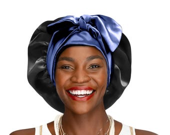 Reversible Satin Sleep Bonnet: Black & Navy, Non-Slip