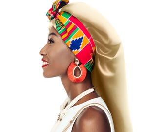 Kente Extra Long Silky Satin Night Sleep Hair Bonnet Adjustable Tie Edge Control Open End Locs Natural Extensions Free Pouch Machine Wash