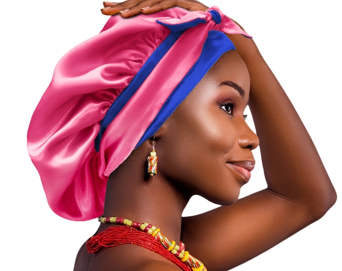 Luxury Reversible Satin Bonnet Non-Slip Tie® Adjustable Sleep Cap for Locs Braids Extensions & Natural, Edge Protection Washable Made in UK