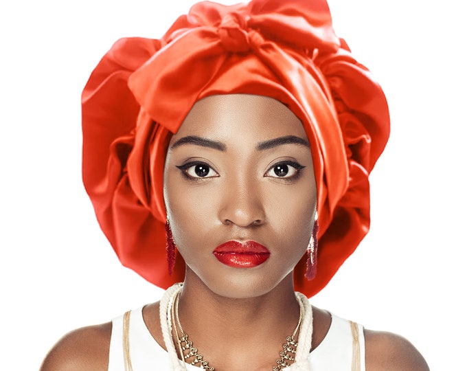 Silky Double Satin Non Slip®Tie Orange Night Sleep Scarf Hair Bonnet Adjust Edge Control Extensions Natural Free Pouch Washable UK Made
