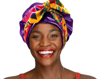 Silky Satin + Kente Tie Bonnet: Non-Slip Adjustable Sleep Scarf