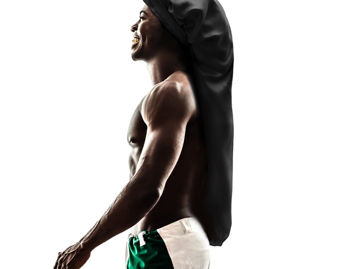 Mens Silky Satin Soft Customised Extra Long Sleep Hair Bonnet Adjust Non Slip Tie® Edge Protect Open End Free Pouch Machine Wash UK Made
