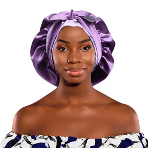 Silky Satin Non Slip® Reverse Purple & Lilac Bonnet Night Sleep Scarf Adjust Edge Protect Extensions Natural Free Pouch Washable Made in UK