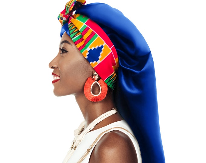 Kente Extra Long Silky Satin Night Sleep Hair Bonnet Adjustable Tie Edge Control Open End Locs Natural Extensions Free Pouch Machine Wash