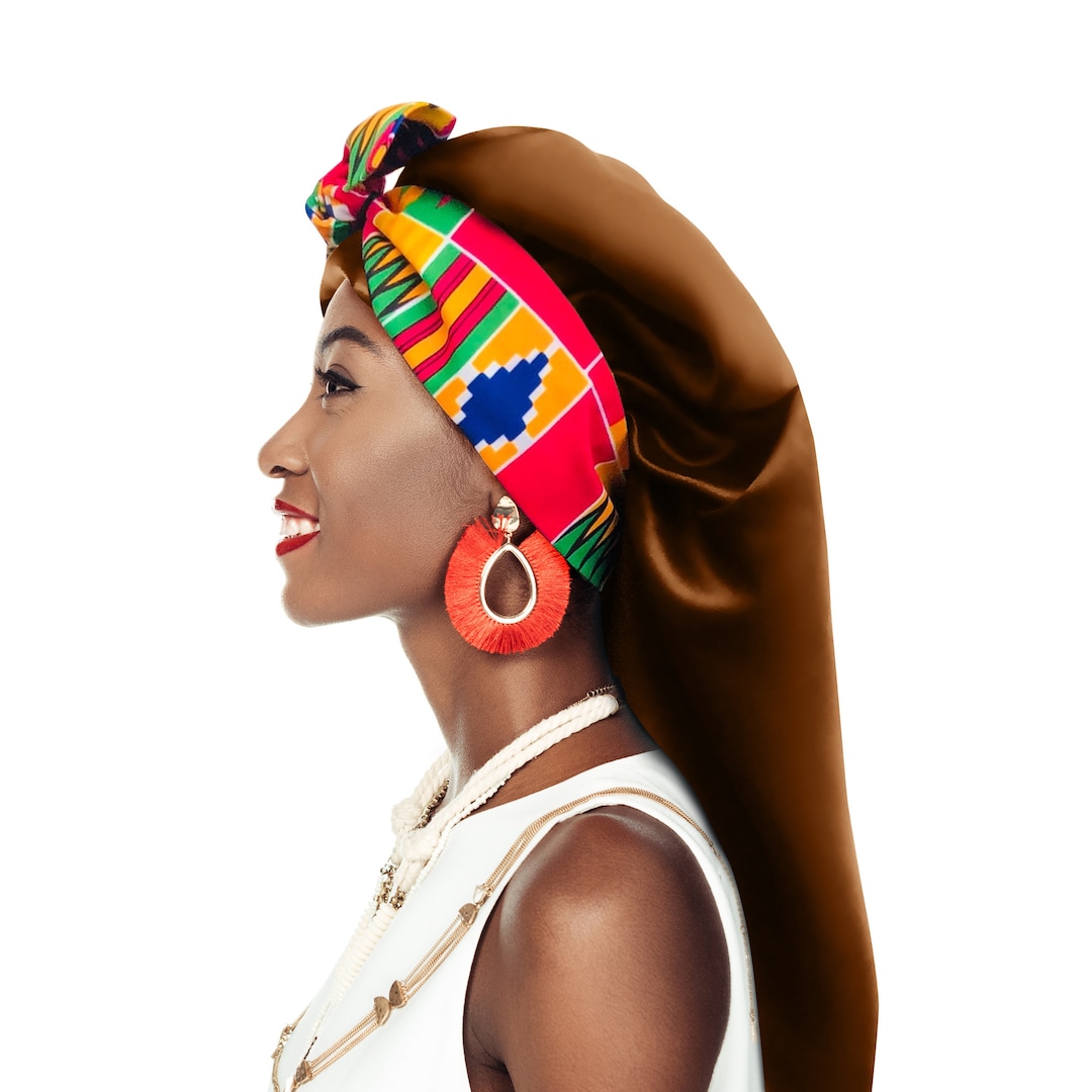Kente Extra Long Silky Satin Night Sleep Hair Bonnet Adjustable Tie ...